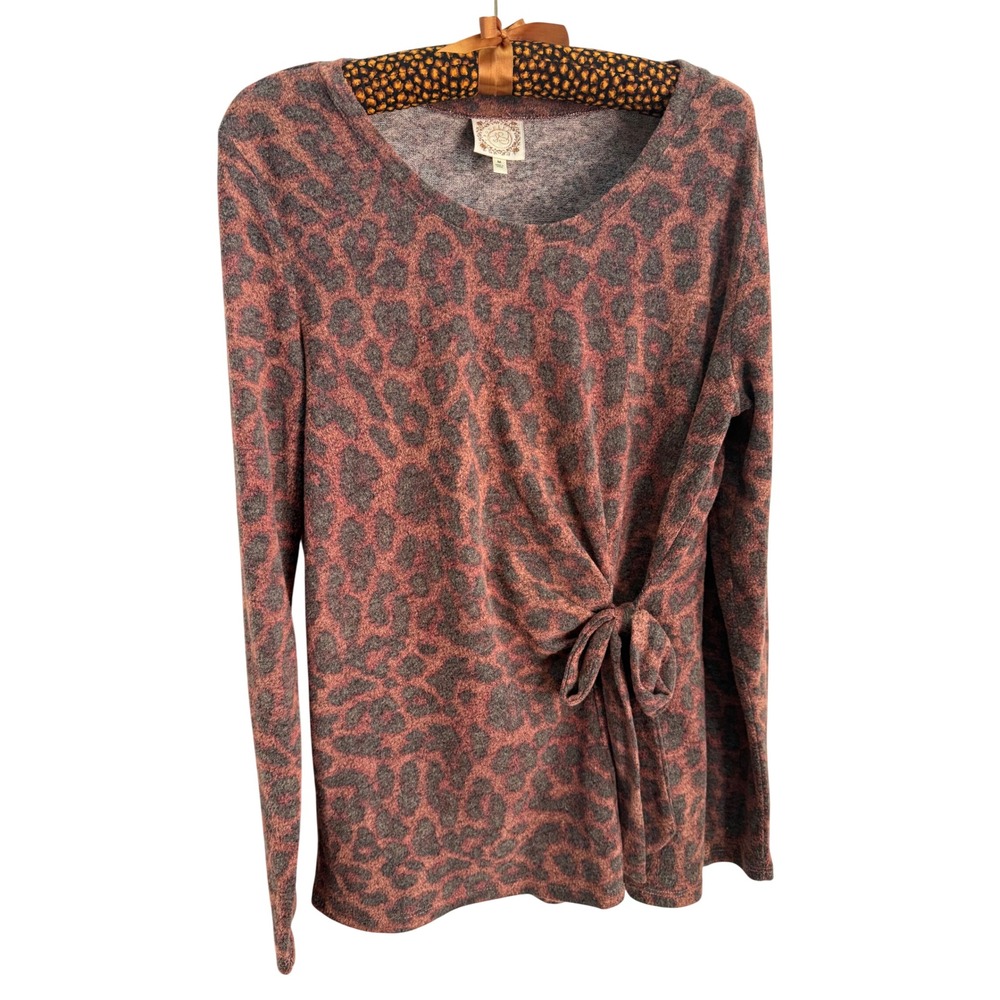 Tru Self Womens Leopard Print Side Tie Long Sleeve Top Red Brown Gray Size Med